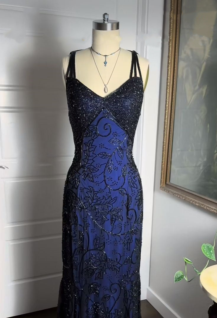 Navy Blue Shiny Elegant Exquisite Beaded Applique Straps Long Tulle Sequins Ball Gown Evening Dress Party Dress