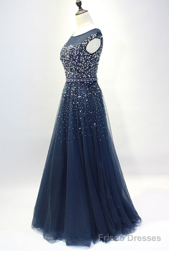 Navy Blue Shiny Sequins Round Neckline Tulle Party Dress, A-line Tulle Blue Evening Dress Prom Dress Secondary image