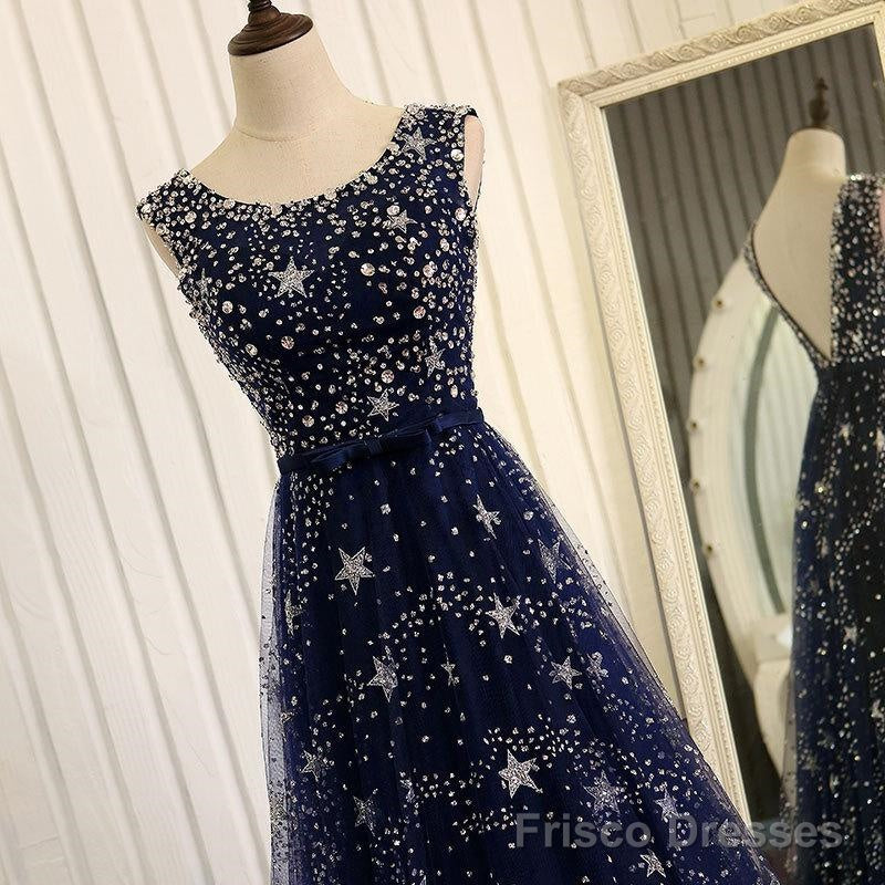 Navy Blue Shiny Tulle A-line Round Neckline Long Party Dress, Blue Prom Dresses
