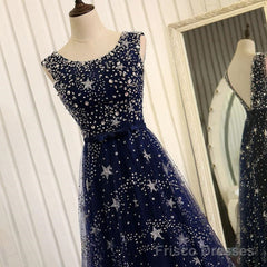 Navy Blue Shiny Tulle A-line Round Neckline Long Party Dress, Blue Prom Dresses