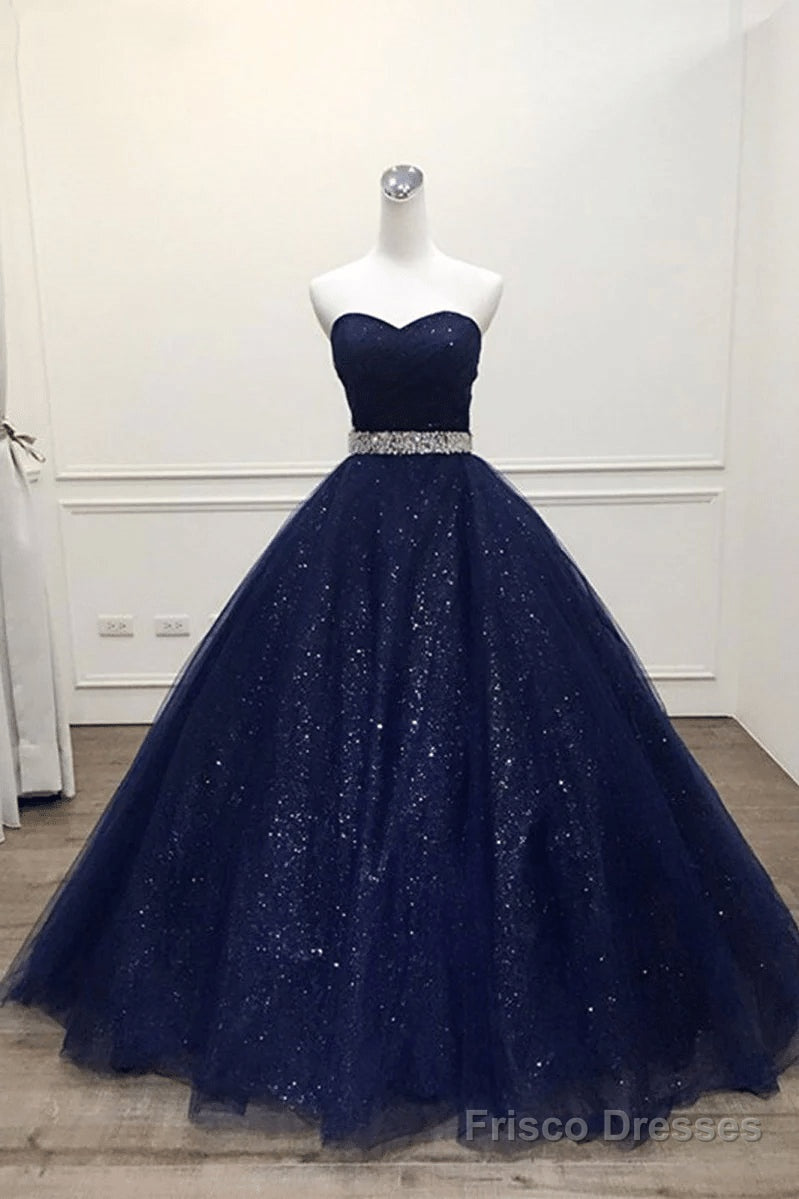 Navy Blue Shiny Tulle Beaded Long Party Dress Sweetheart Tulle Prom Dress prom dresses shops Secondary image