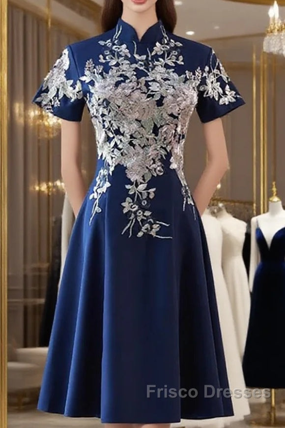 Navy Blue Short Sleeves Party Dress With Lace Applique, Short Cute Blue Wedding Party Dress
