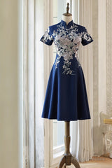 Navy Blue Short Sleeves Party Dress With Lace Applique, Short Cute Blue Wedding Party Dress