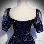Navy Blue Short Sleeves Sweetheart Long Party Dress, A-Line Blue Evening Gown