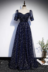 Navy Blue Short Sleeves Sweetheart Long Party Dress, A-Line Blue Evening Gown
