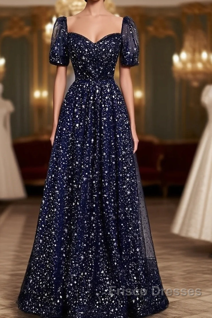 Navy Blue Short Sleeves Sweetheart Long Party Dress, A-Line Blue Evening Gown Main image