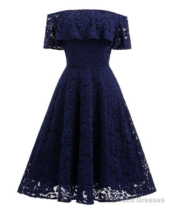 Navy Blue Short Soft Lace Prom Dress Off Shoulder Women Party Gowns Main image