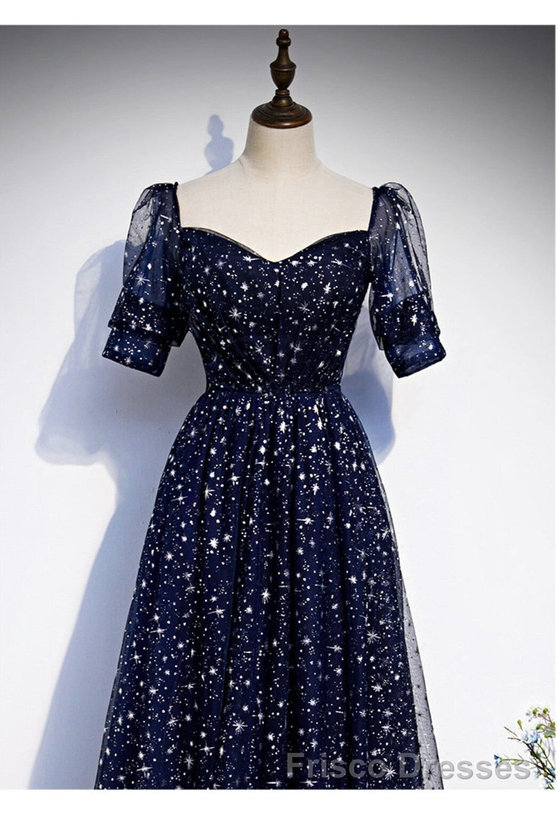 Navy Blue Simple Tulle Short Sleeves Formal Prom Dress, Navy Blue Long Evening Dress Secondary image