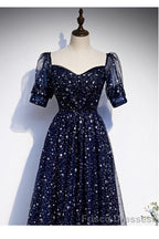 Navy Blue Simple Tulle Short Sleeves Formal Prom Dress, Navy Blue Long Evening Dress