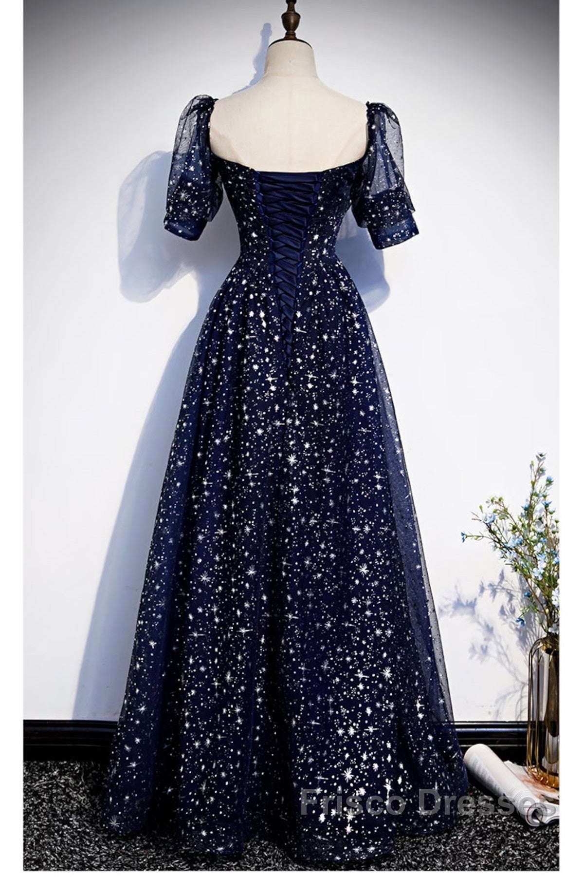 Navy Blue Simple Tulle Short Sleeves Formal Prom Dress, Navy Blue Long Evening Dress