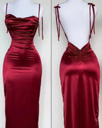 Navy Blue Spaghetti Strap Bodycon Satin  Elegant Prom Dresses Backless Party Dresses