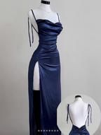 Navy Blue Spaghetti Strap Bodycon Satin  Elegant Prom Dresses Backless Party Dresses