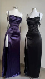 Navy Blue Spaghetti Strap Bodycon Satin  Elegant Prom Dresses Backless Party Dresses