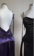 Navy Blue Spaghetti Strap Bodycon Satin  Elegant Prom Dresses Backless Party Dresses
