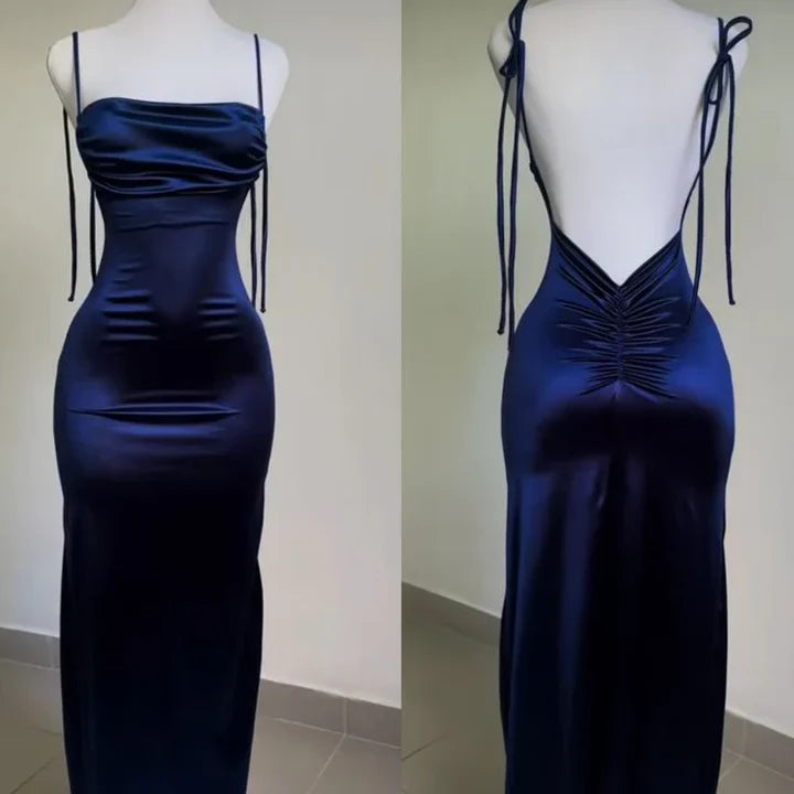 Navy Blue Spaghetti Strap Bodycon Satin  Elegant Prom Dresses Backless Party Dresses Main image
