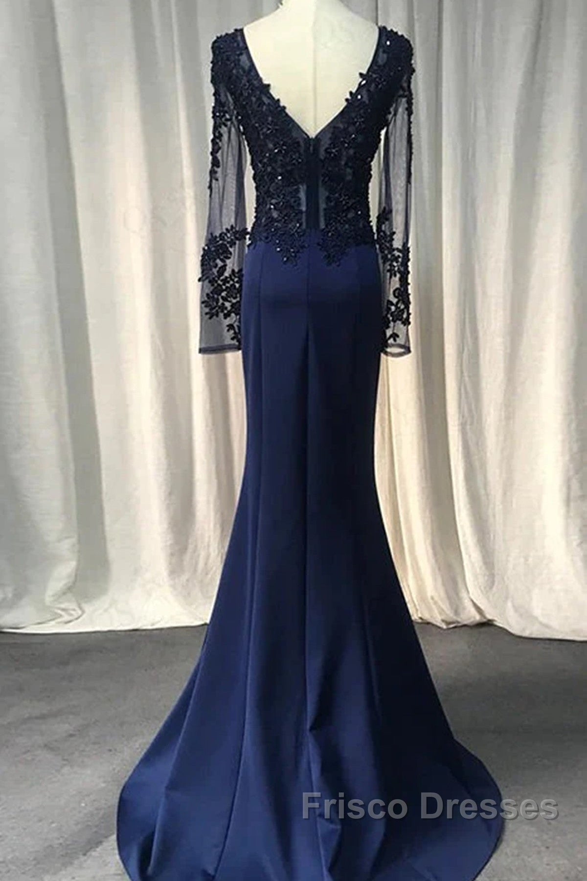 Navy Blue Spandex Long Sleeves Mermaid Evening Dress, Navy Blue Formal Prom Dress Secondary image