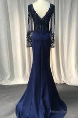 Navy Blue Spandex Long Sleeves Mermaid Evening Dress, Navy Blue Prom Dress