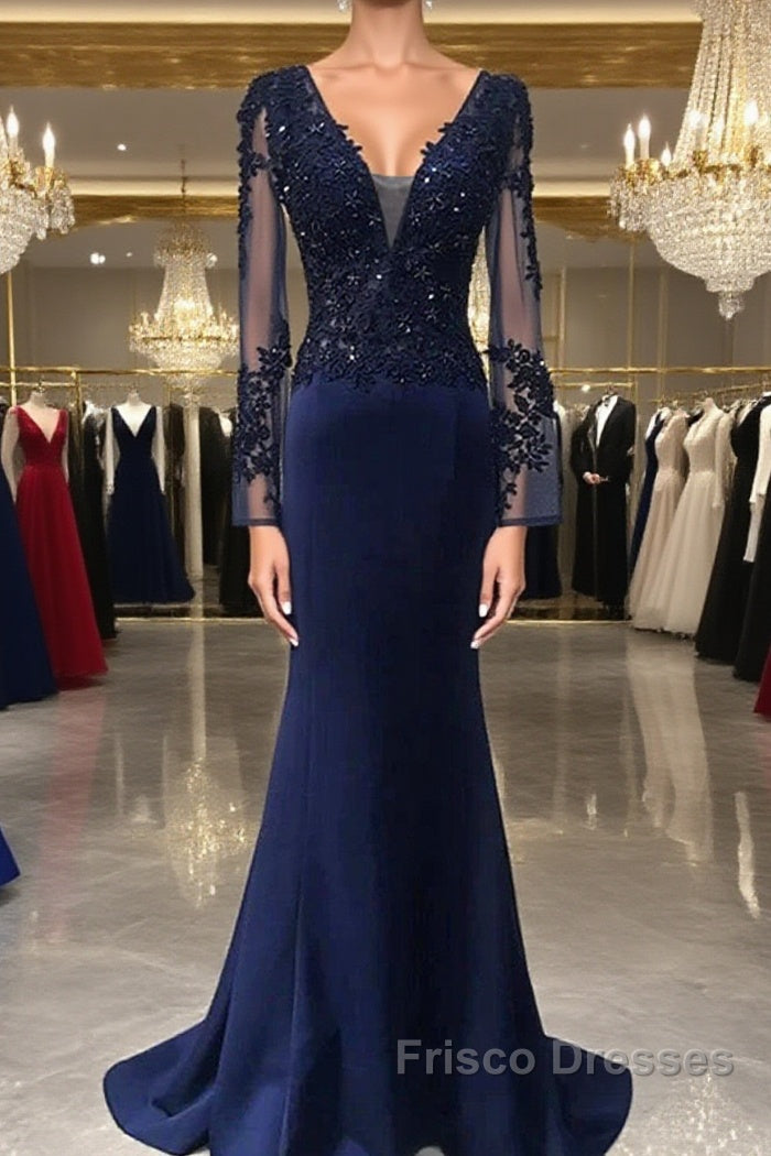 Navy Blue Spandex Long Sleeves Mermaid Evening Dress, Navy Blue Formal Prom Dress Main image
