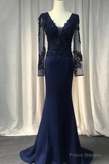 Navy Blue Spandex Long Sleeves Mermaid Evening Dress, Navy Blue Prom Dress