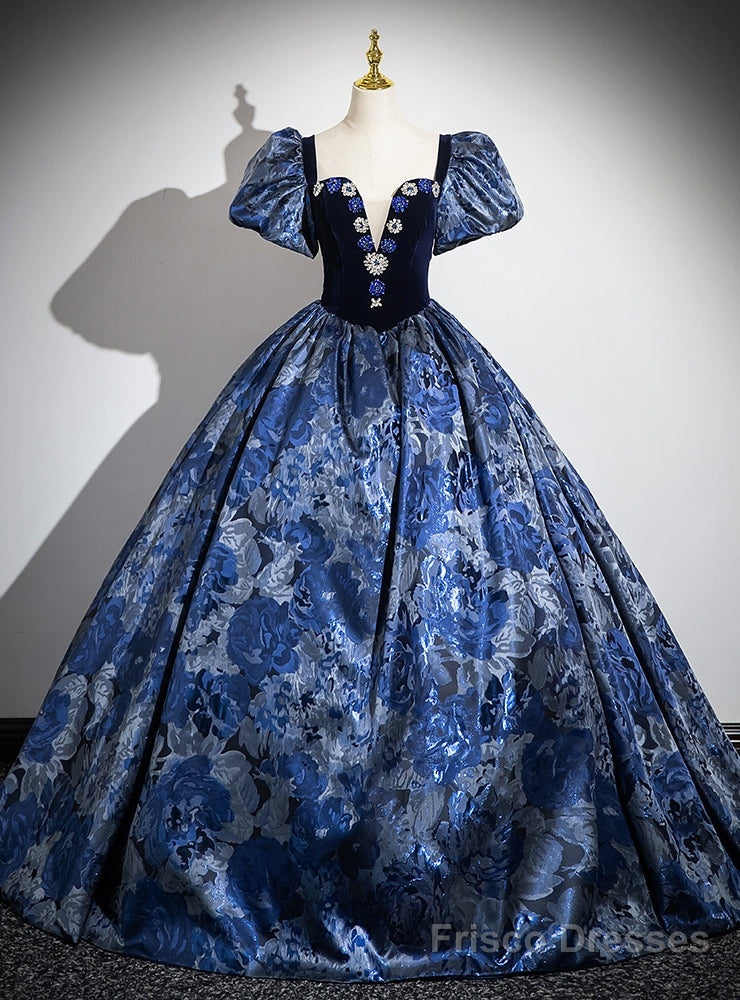 Navy Blue Sqwuare Puff Sleeve Crystal Quinceanera Dress