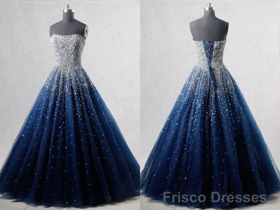 Navy Blue Strapless Floor Length Prom Ball Gown with Beading Sequins, Prom Dresses,Formal Dresses Main image