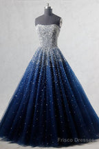 Navy Blue Strapless Floor Length Prom Ball Gown with Beading Sequins, Prom Dresses,Formal Dresses