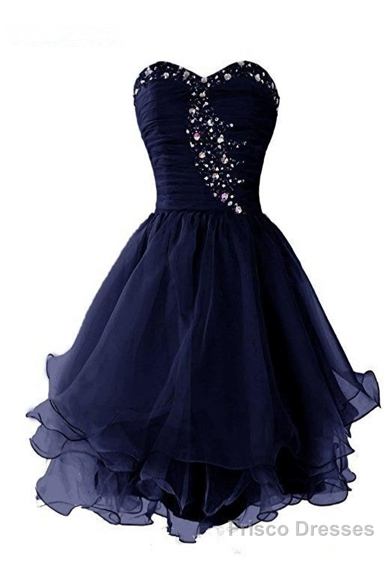 Navy Blue Sweetheart Short Homecoming Dress, Sparkly Crystal Organza Short Formal Dress Main image