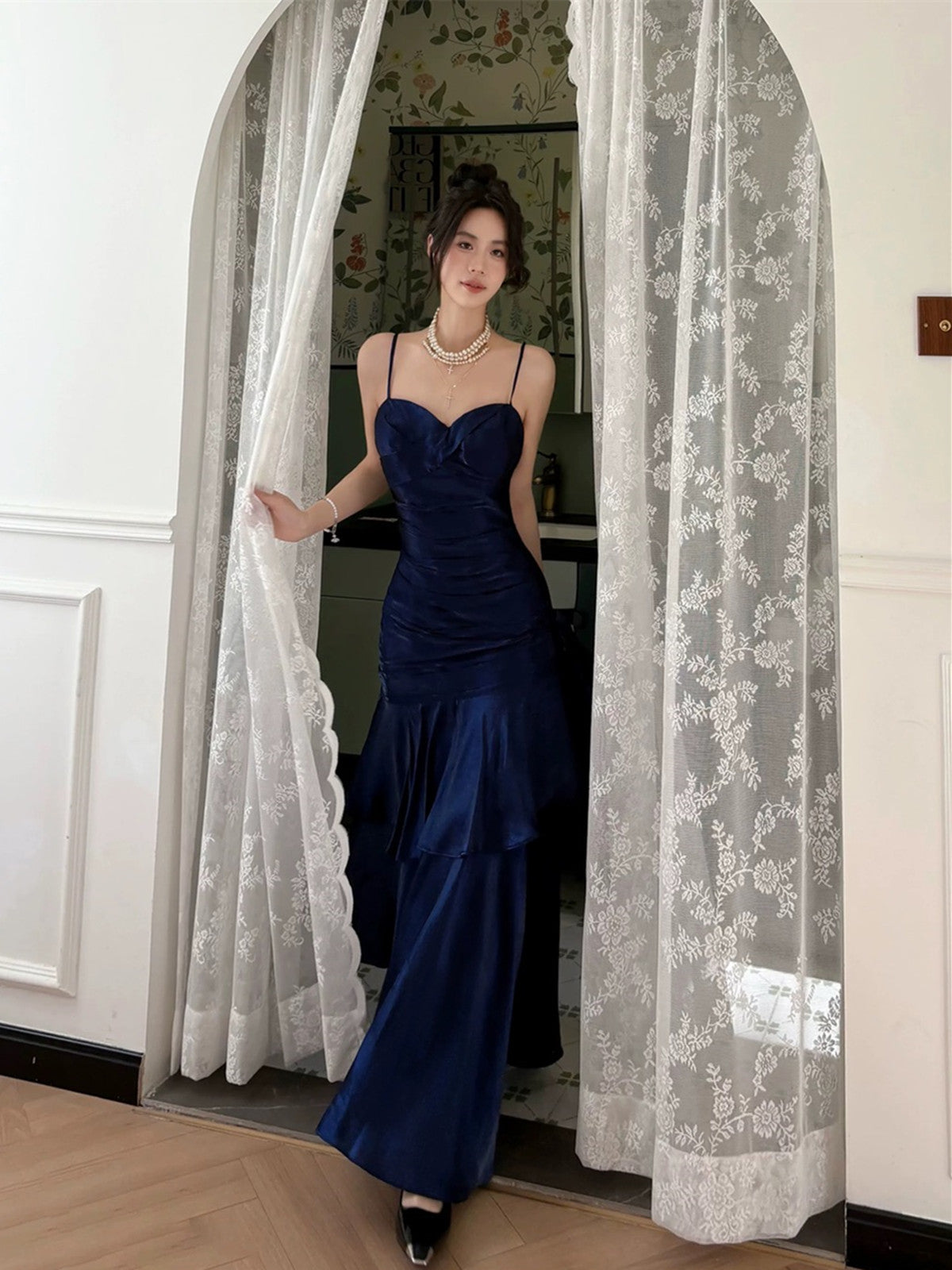 Navy Blue Sweetheart Straps Mermaid Party Dress, Navy Blue Sweetheart Prom Dress Secondary image