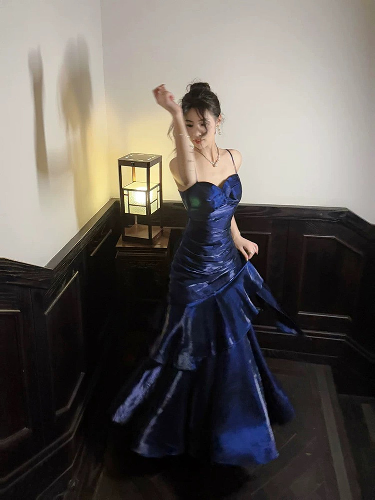 Navy Blue Sweetheart Straps Mermaid Party Dress, Navy Blue Sweetheart Prom Dress Main image