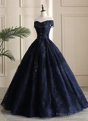 Navy Blue Sweetheart With Lace Applique Sweet 16 Dress, Blue Long Formal Dress