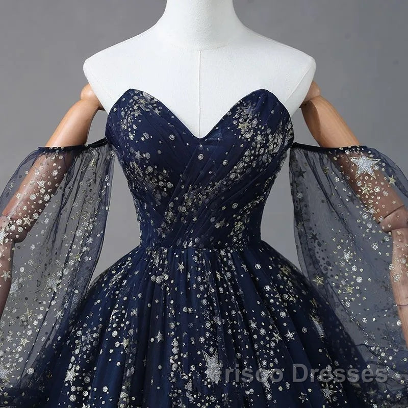 Navy Blue Tulle A-Line Long Party Dress Evening Dress, Navy Blue Long Formal Prom Dress Secondary image