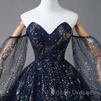 Navy Blue Tulle A-Line Long Party Dress Evening Dress, Navy Blue Long Formal Prom Dress