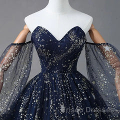 Navy Blue Tulle A-Line Long Party Dress Evening Dress, Navy Blue Long Formal Prom Dress