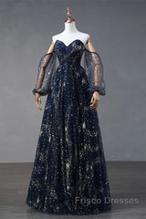 Navy Blue Tulle A-Line Long Party Dress Evening Dress, Navy Blue Long Formal Prom Dress