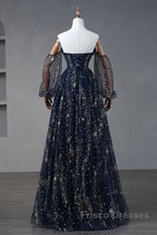 Navy Blue Tulle A-Line Long Party Dress Evening Dress, Navy Blue Long Formal Prom Dress