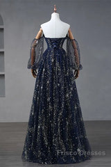 Navy Blue Tulle A-Line Long Party Dress Evening Dress, Navy Blue Long Formal Prom Dress