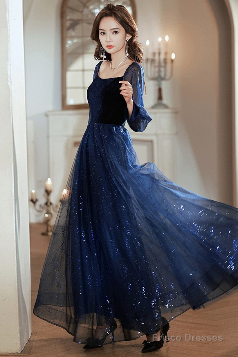 Navy Blue Tulle And Velvet Long Sleeves Party Dress, Simple A-Line Prom Dress Main image