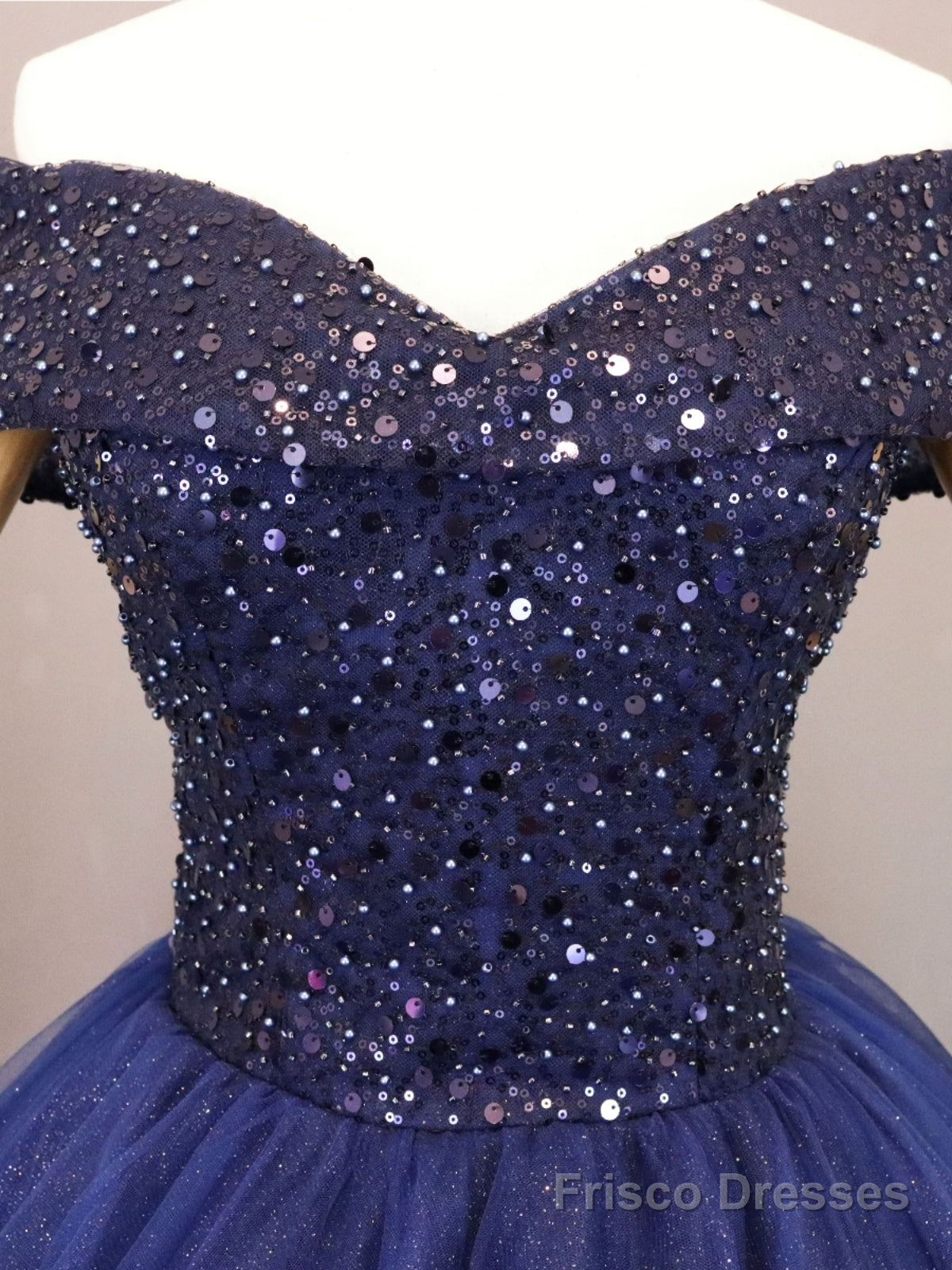 Navy Blue Tulle Beaded Ball Gown Sweet 16 Dress, Blue Tulle Prom Dress Party Dress