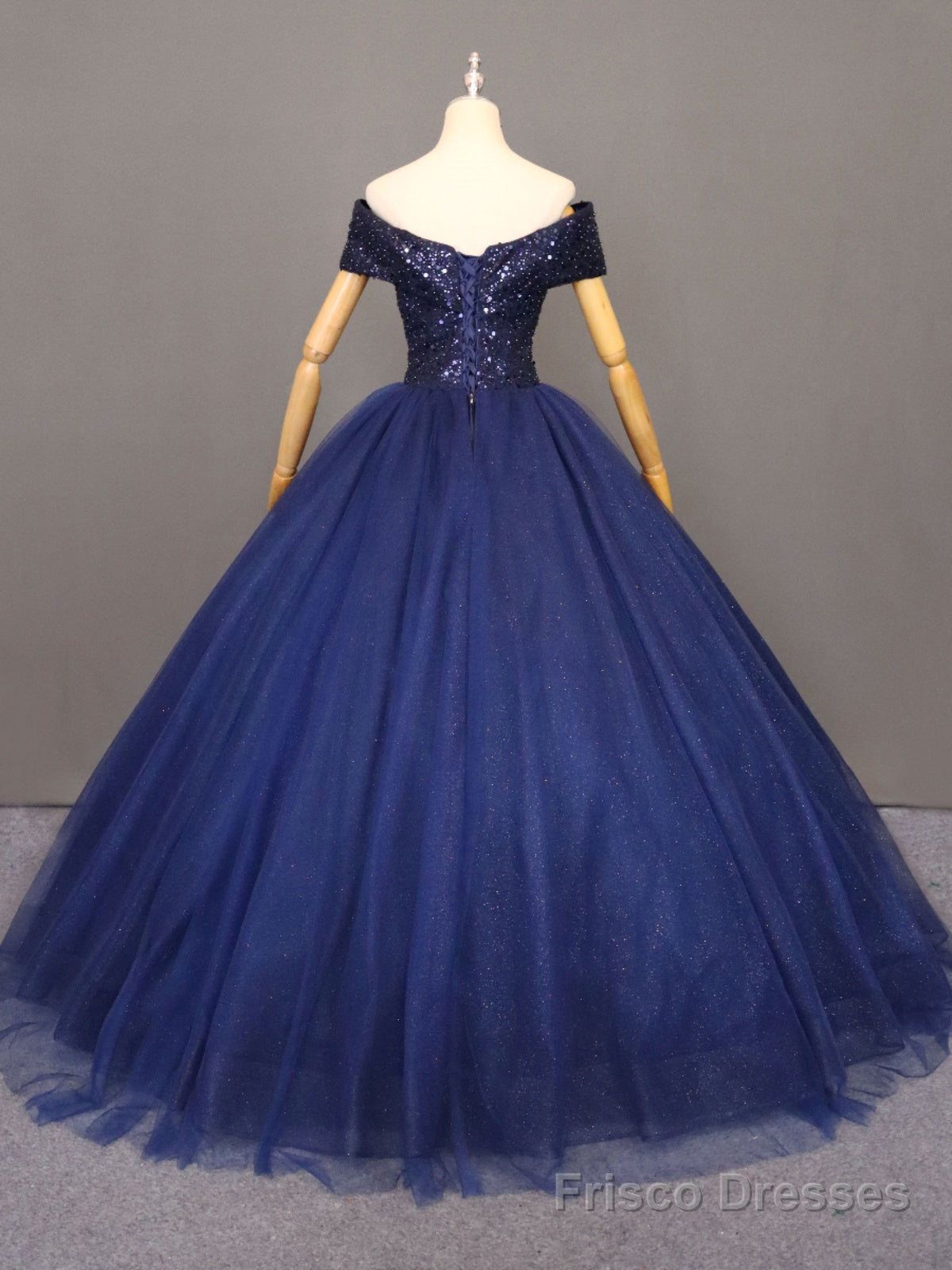 Navy Blue Tulle Beaded Ball Gown Sweet 16 Dress, Blue Tulle Prom Dress Party Dress Secondary image