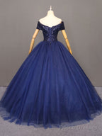 Navy Blue Tulle Beaded Ball Gown Sweet 16 Dress, Blue Tulle Prom Dress Party Dress
