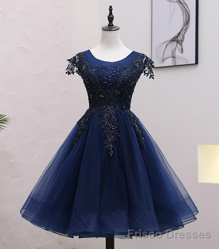 Navy Blue Tulle Beaded Knee Length Cap Sleeves Prom Dress, Blue Homecoming Dress Main image