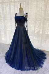 Navy Blue Tulle Beaded Long Formal Prom Dress Evening Dress