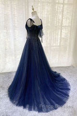 Navy Blue Tulle Beaded Long Formal Prom Dress Evening Dress