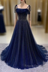 Navy Blue Tulle Beaded Long Formal Prom Dress Evening Dress