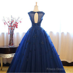 Navy Blue Tulle Cap Sleeves Quinceanera Dresses, Blue Beaded Ball Gown Party Dress