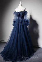 Navy Blue Tulle Lace Beading Off-Shoulder Formal Dress Formal Prom Dress