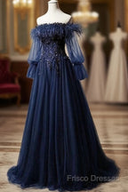 Navy Blue Tulle Lace Beading Off-Shoulder Formal Dress Formal Prom Dress