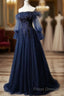 Navy Blue Tulle Lace Beading Off-Shoulder Formal Dress Formal Prom Dress