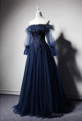 Navy Blue Tulle Lace Beading Off-Shoulder Formal Evening Dresses Prom Dresses