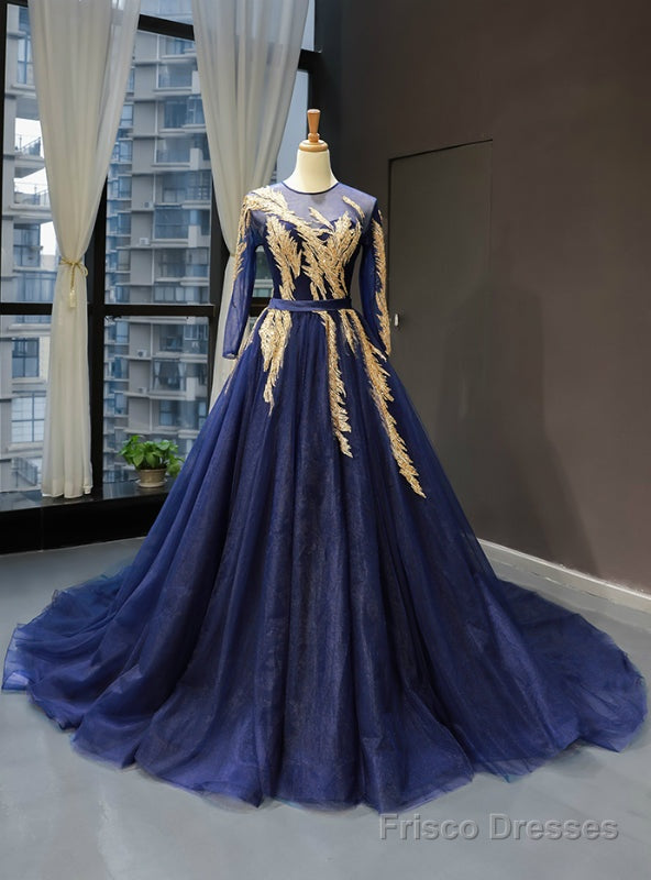 Navy Blue Tulle Long Sleeve Backless Haute Couture Prom Dress With Beading Sequins Main image